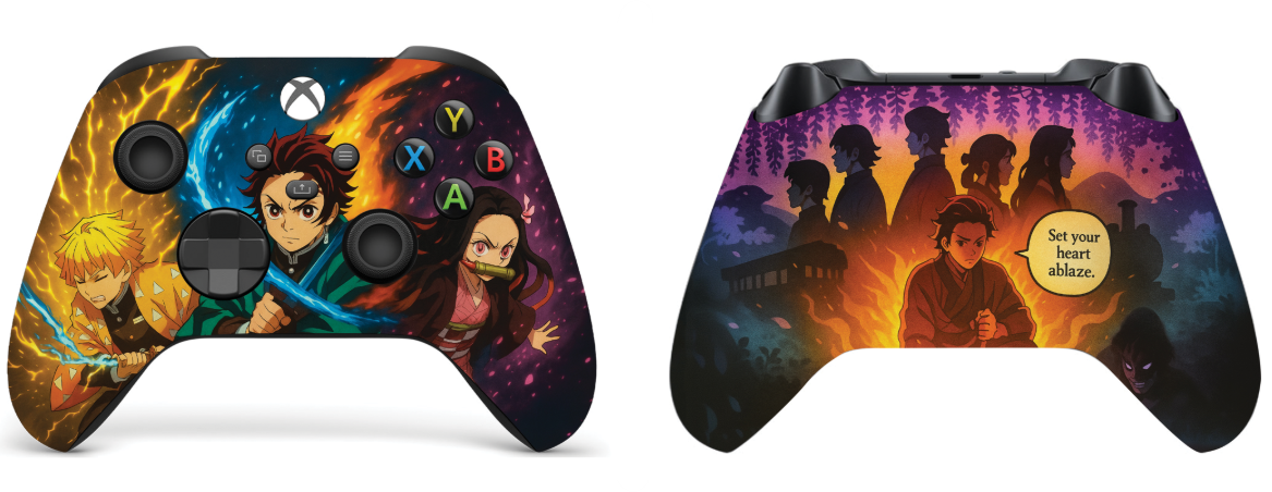 Two Xbox Series X/S controllers shown side by side with different character graphics