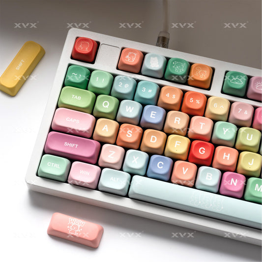 Pastel MOA keycap set on a keyboard, showing QWERTY letter row and numbers