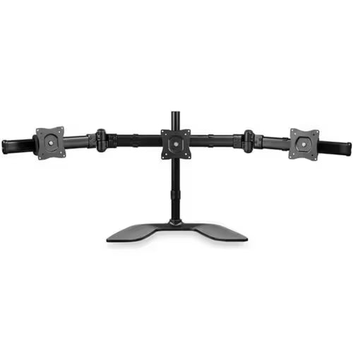 Triple monitor stand with V-shaped base, central pole, and three monitor brackets, black