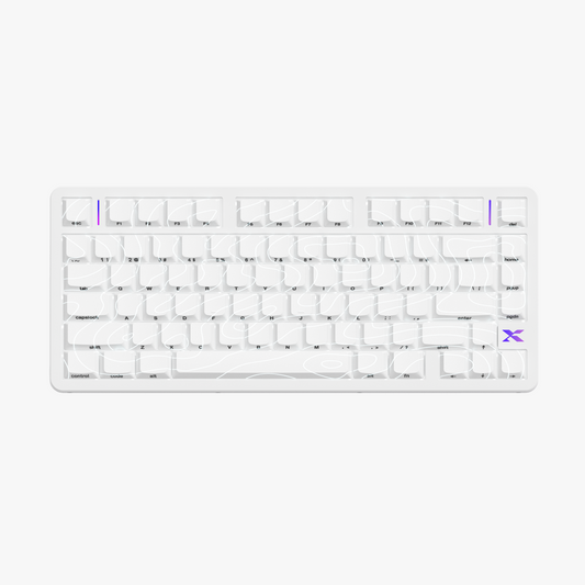 Low-profile mechanical keyboard with white keycaps and subtle purple accent lighting