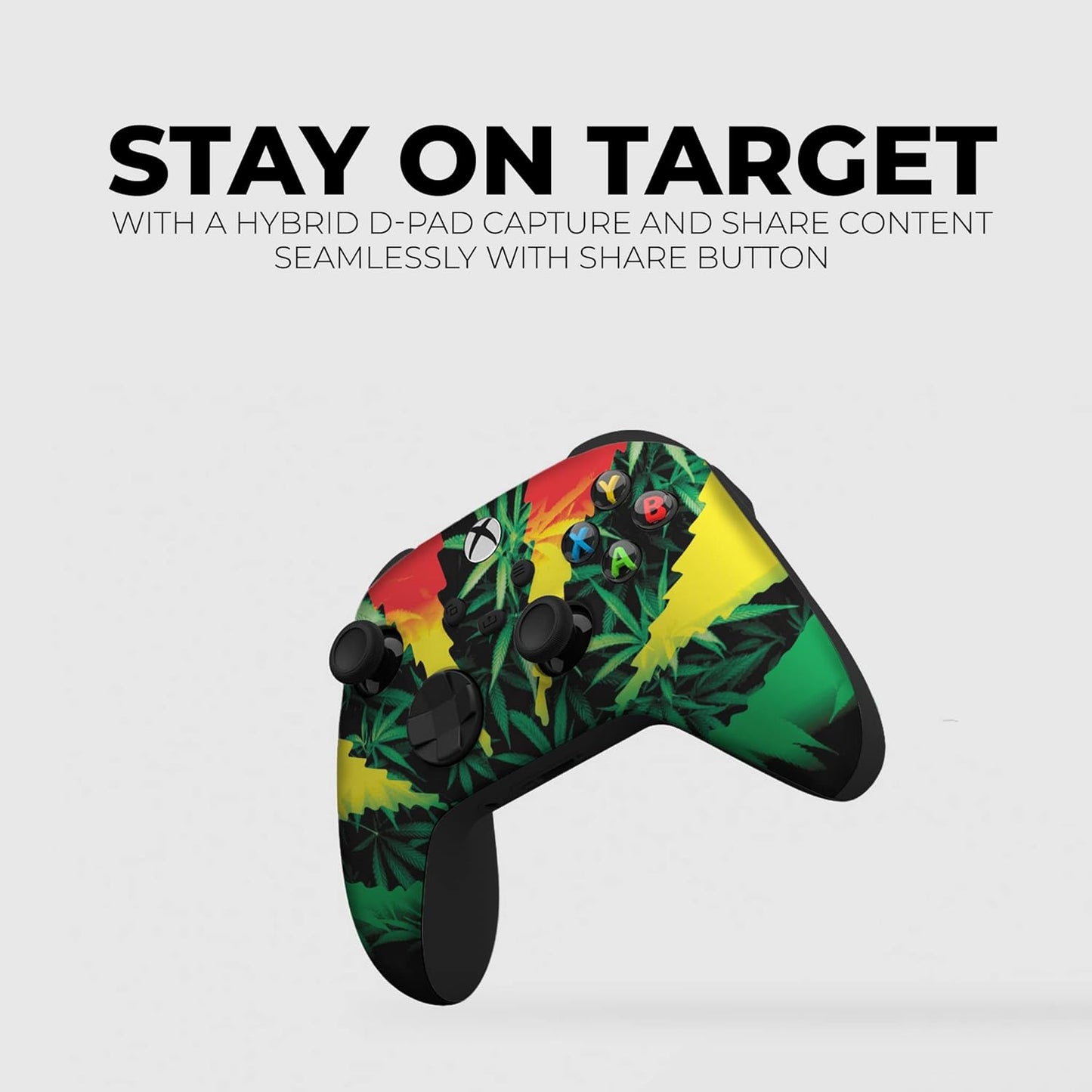Xbox Series X controller angled view with weed-leaf graphic on black shell
