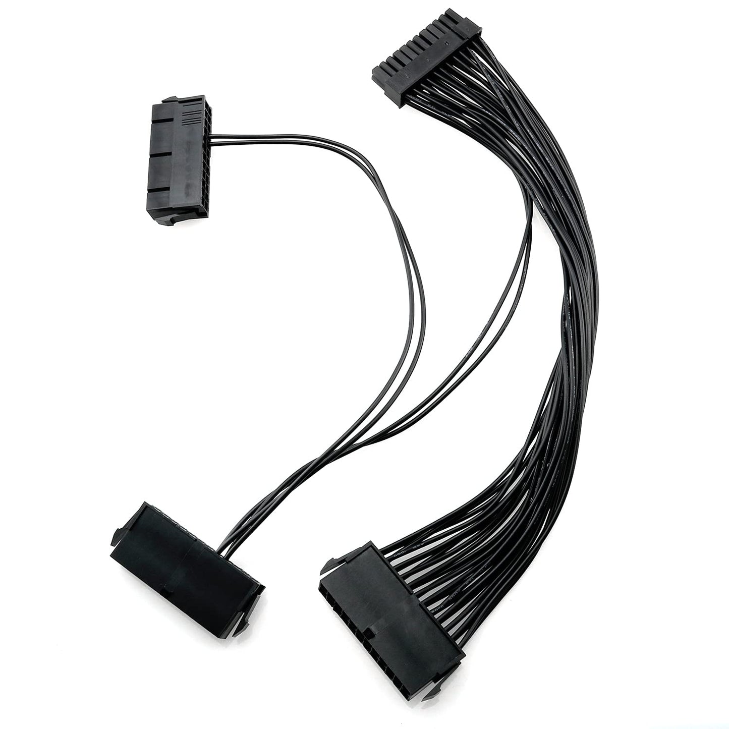 Dual PSU power supply extension cable with three black ATX power connectors, 30cm