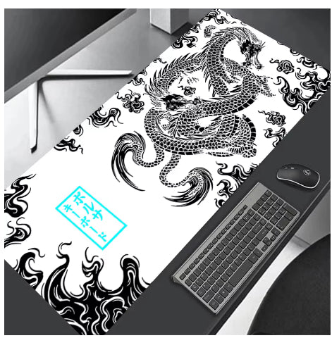 Dragon flame mat with white dragon and black swirls, rectangular design, corner emblem
