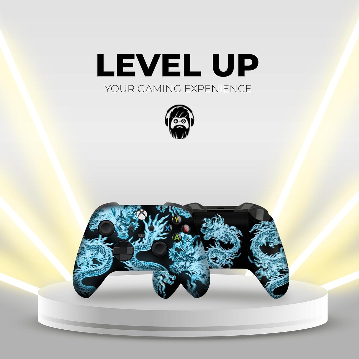Xbox controller with blue dragon print on a raised display platform