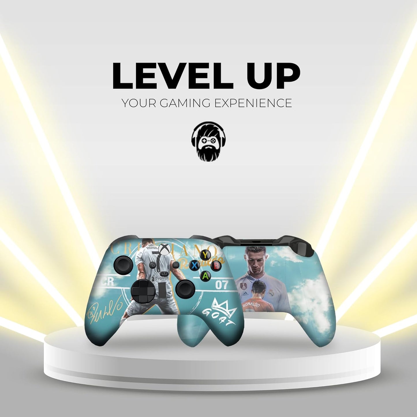Xbox Series X controller on pedestal with teal Ronaldo-themed graphic, black thumbsticks