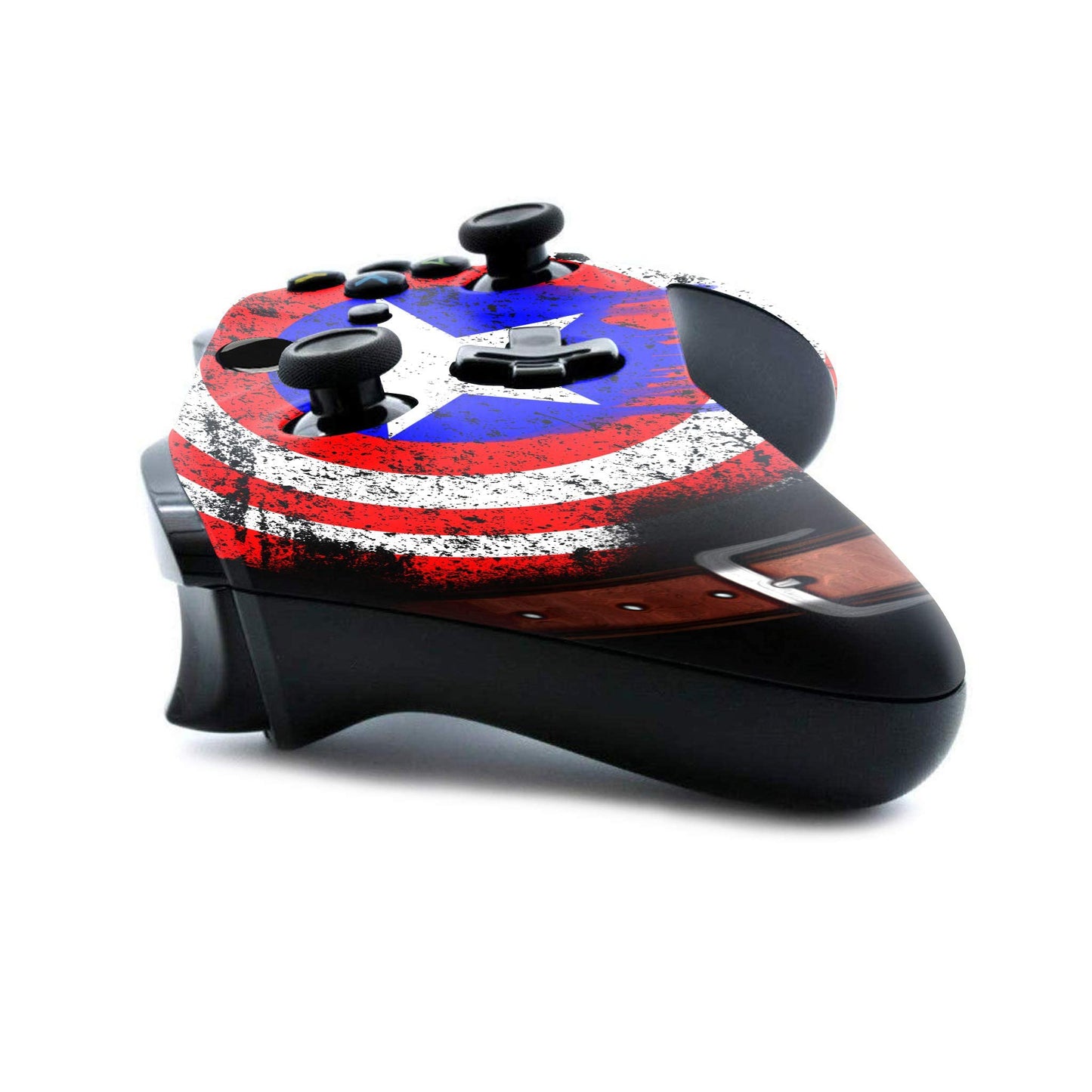 Xbox Series X/S controller close-up with black grips and red-white-blue patriotic top artwork