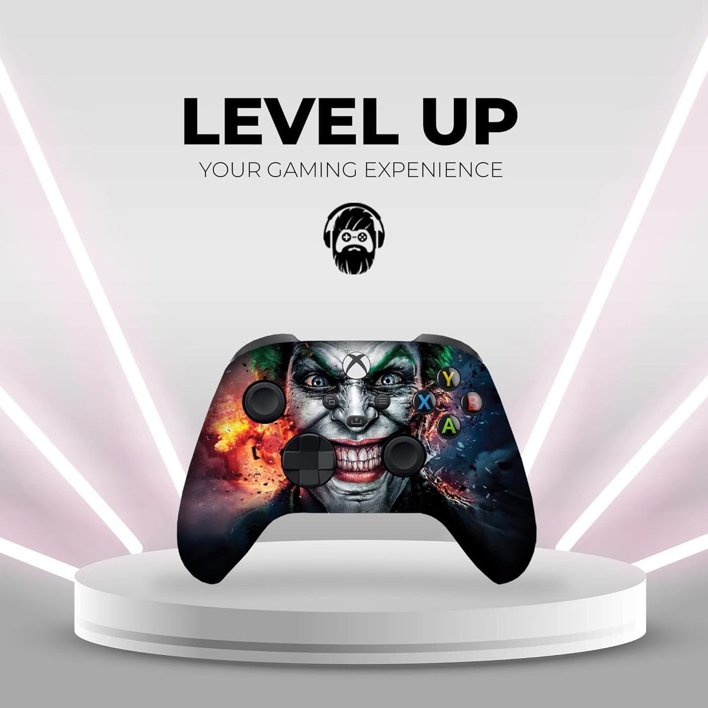 Xbox Series X controller on pedestal with joker face graphic and colored ABXY buttons
