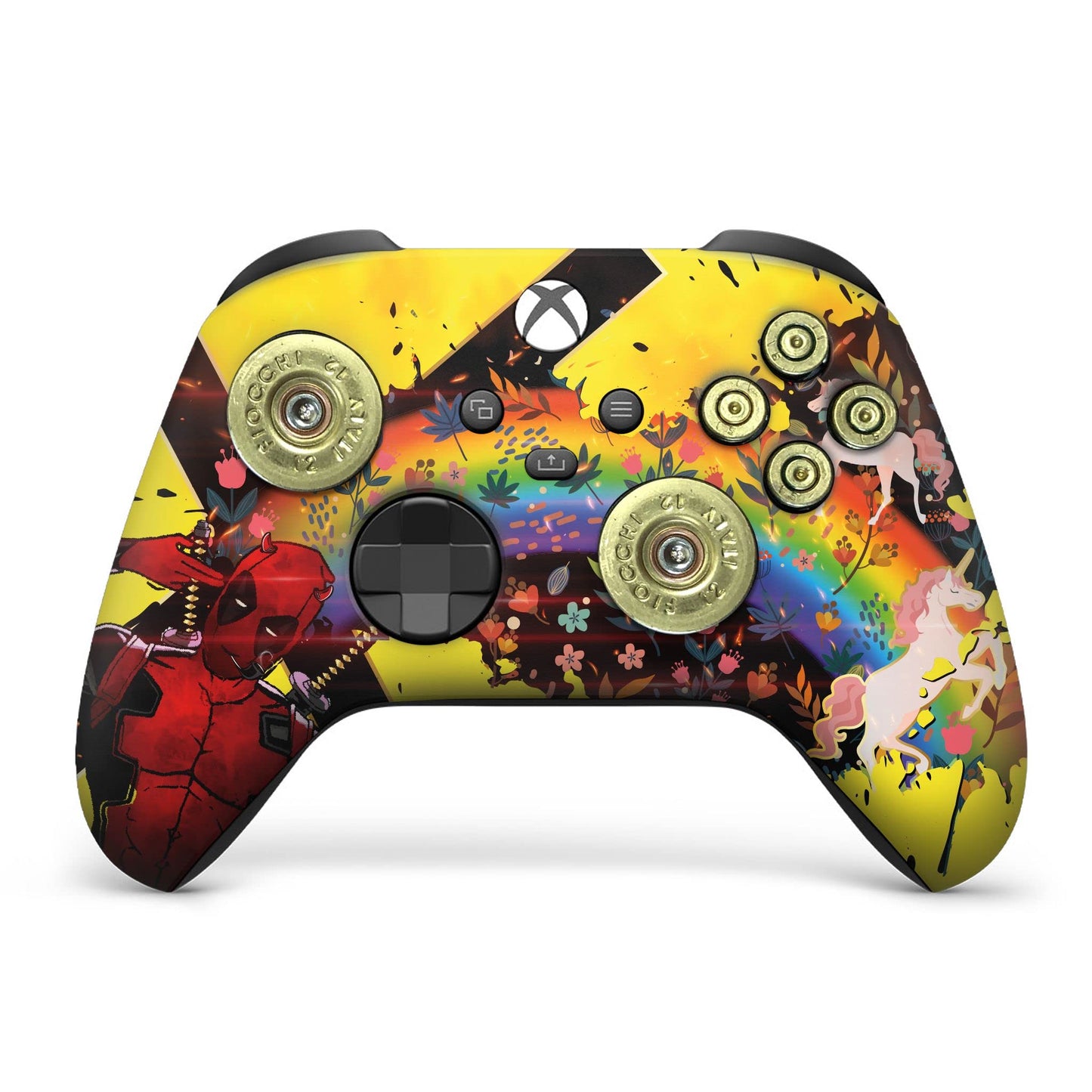 Yellow Xbox Series X controller with colorful Deadpool-and-unicorn graphic and thumbsticks