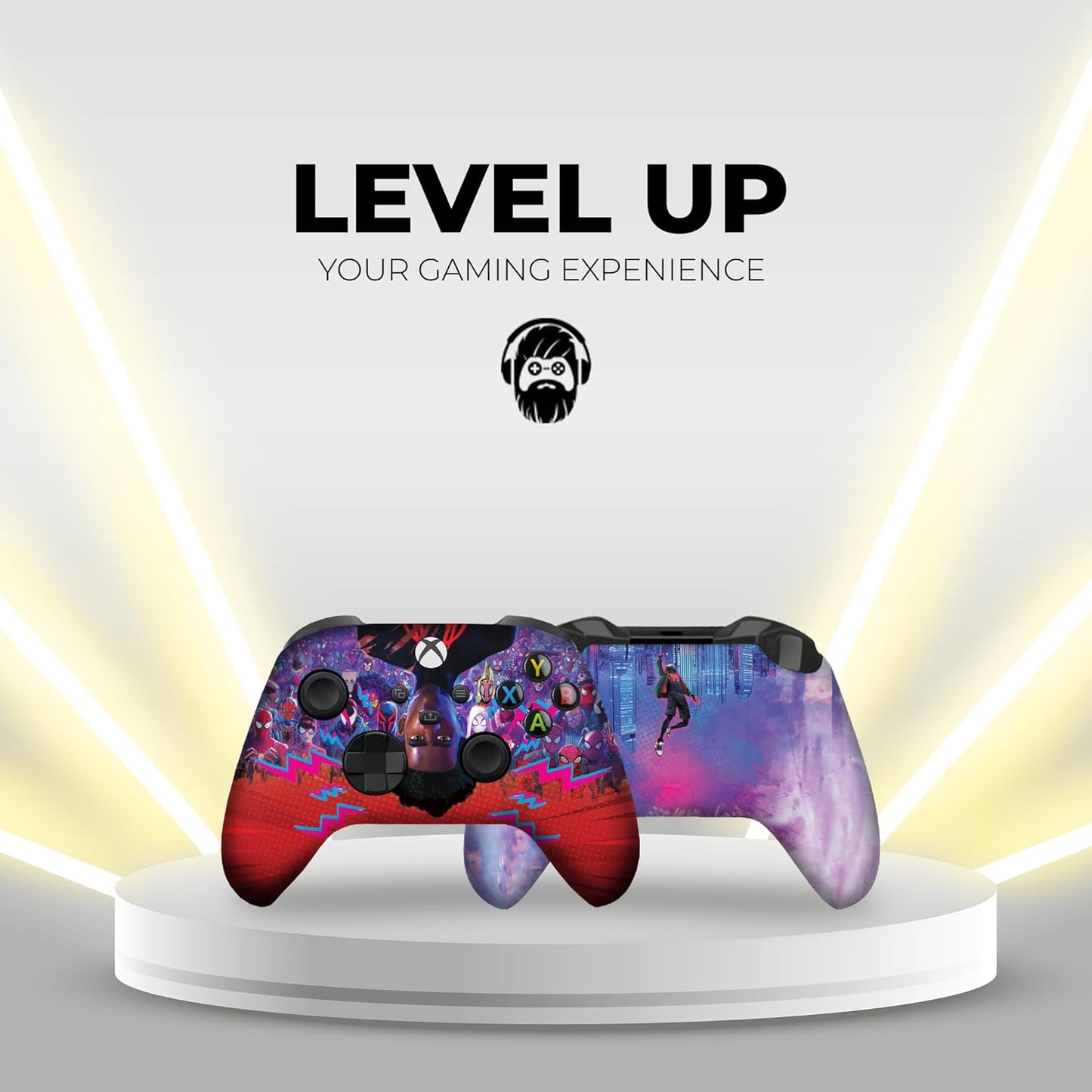 Xbox controller with Spider-Verse Miles purple-red design and ABXY button icons