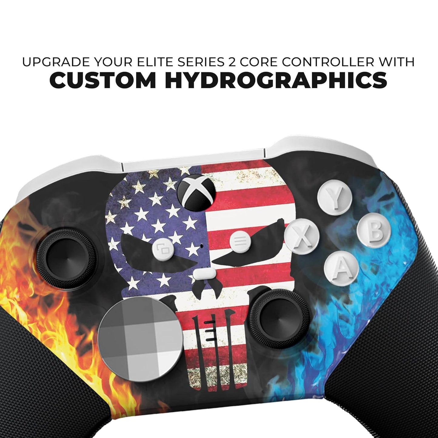 Close-up of Xbox Elite Series 2 Core controller with American flag hydro-dip and fiery blue artwork