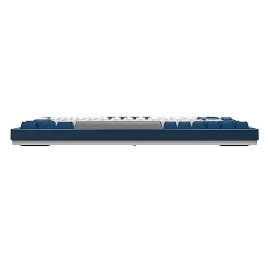 75% wireless mechanical keyboard side view, blue top plate and gray base