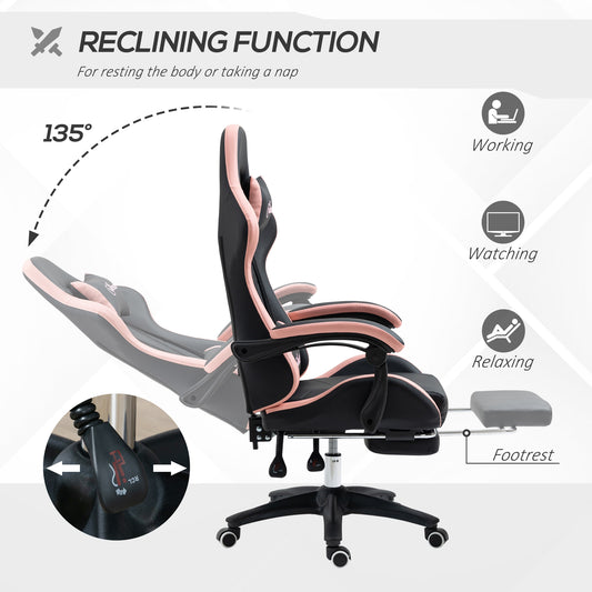 Black and pink reclining gaming chair with footrest and angled back, padded armrests