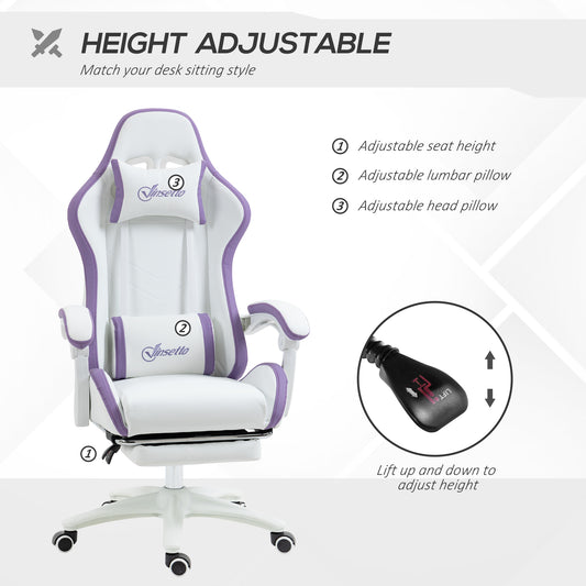 Vinsetto gaming chair, white and purple with adjustable height base and lumbar pillow