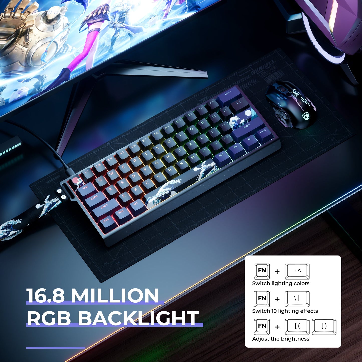 RGB backlit mechanical keyboard with ocean-themed keycaps and flowing color effects