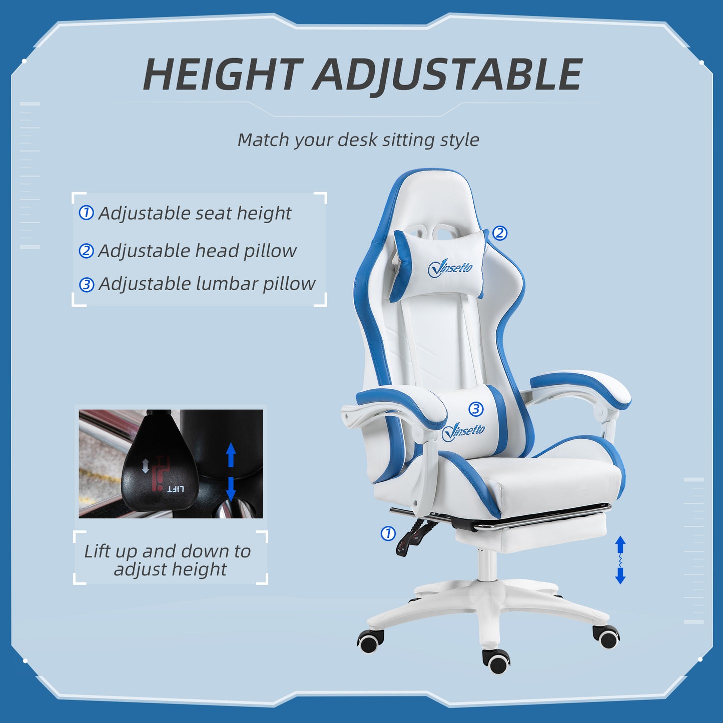 Blue and white gaming chair with adjustable height, lumbar support, and recline