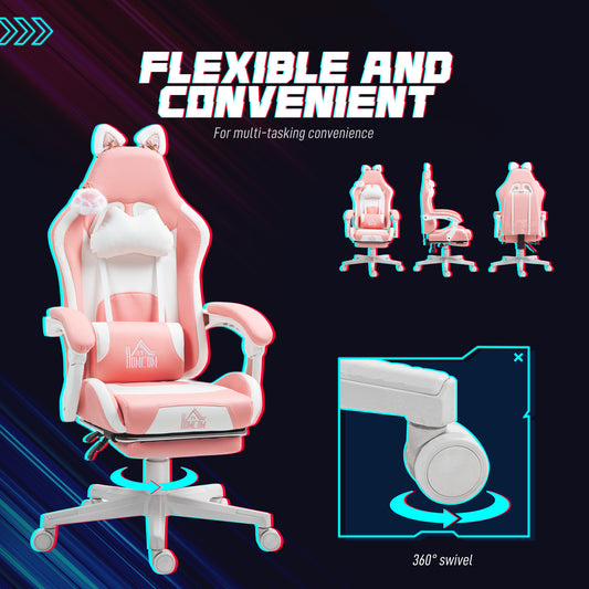 Pink racer chair with cat-ear headrest, plush white pillow, cushioned seat and swivel base.