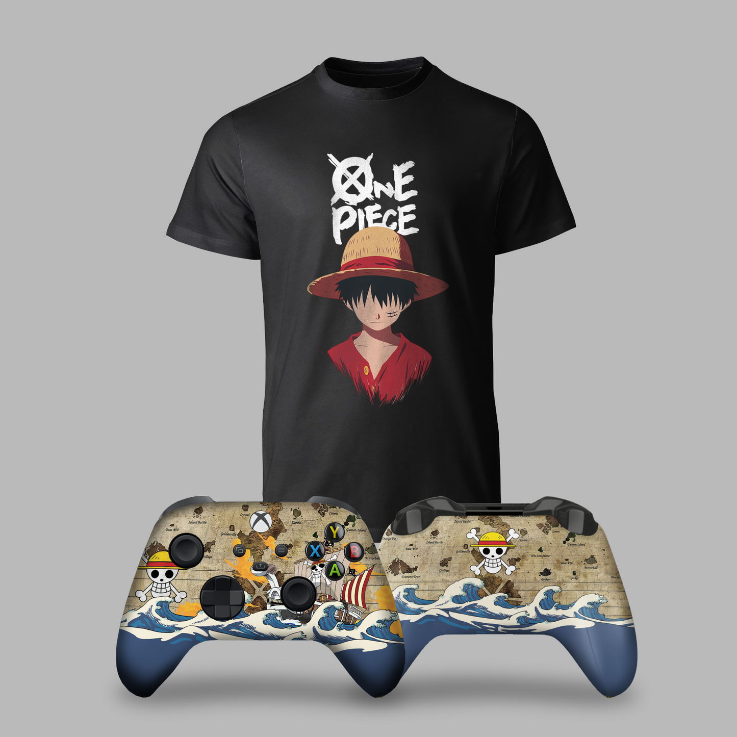 Black graphic T-shirt with character print; two custom Xbox controllers shown below.