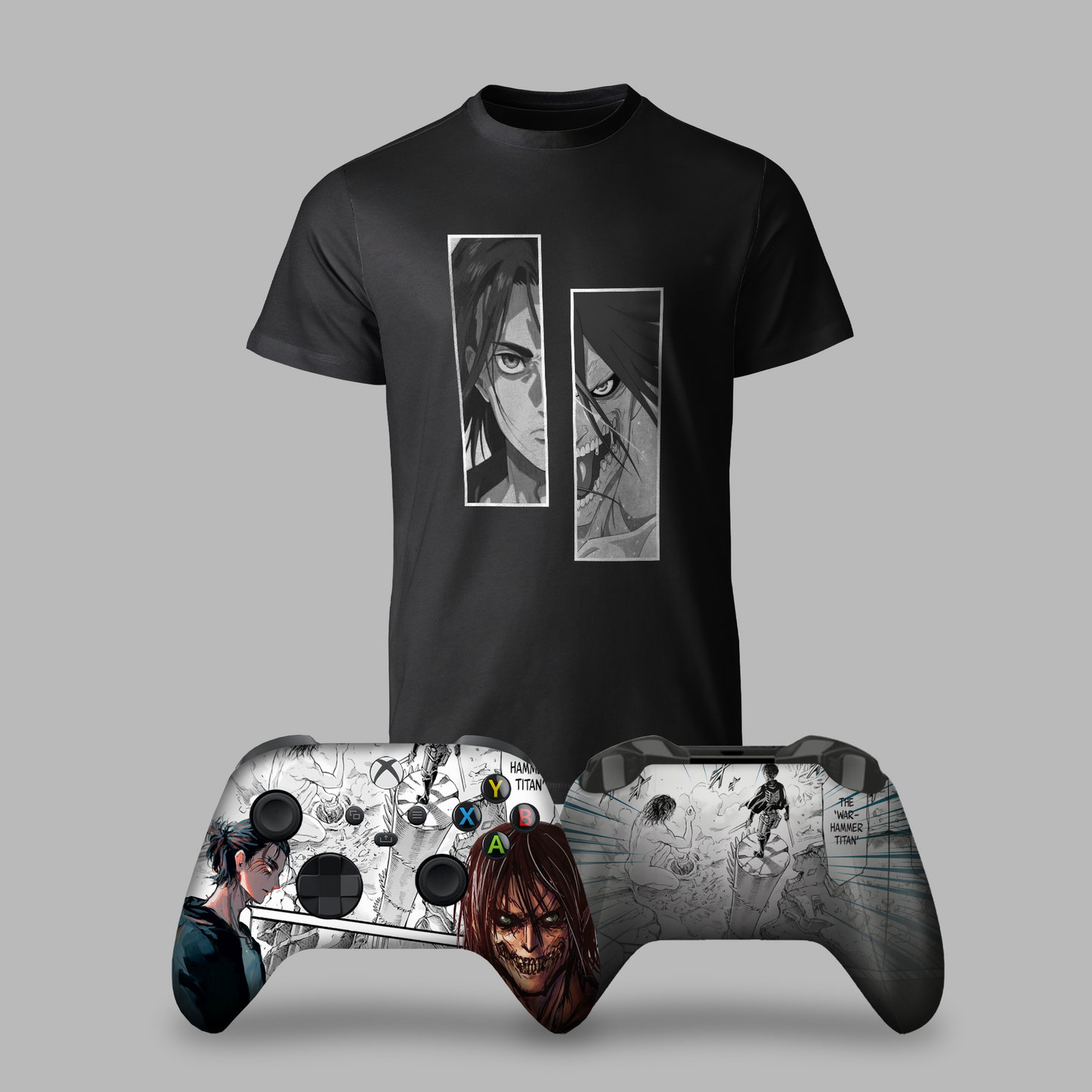 Black graphic T-shirt with two portrait panels; Xbox controller with character artwork