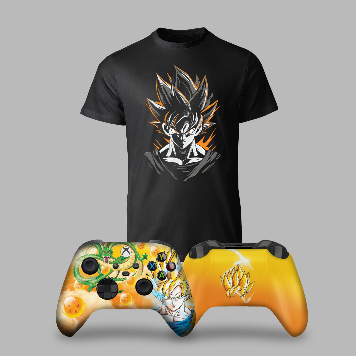 Black T-shirt with Goku flame graphic and yellow decorated Xbox controller