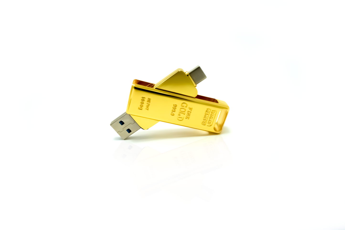 Gold bar USB flash drive with angled USB-A connector and metal casing branding.