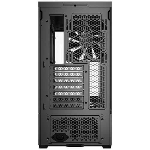 Black mid-tower PC case rear view with PCI slot cutouts and hex-pattern vents
