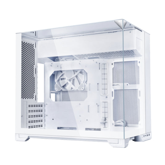 White computer case interior view with installed fan and mesh ventilation panels