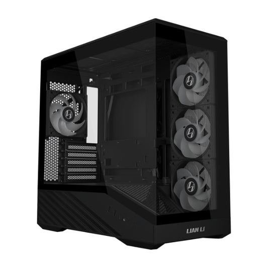 Black mini PC case with tempered glass, gray fans inside
