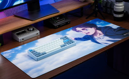 White and light-blue PBT keycap set on a full keyboard, visible arrow and function keys