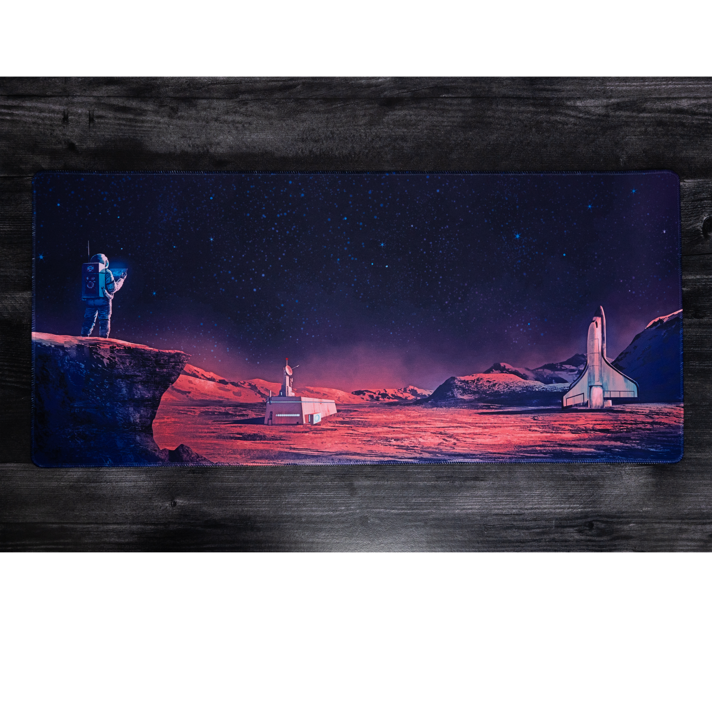 Rectangular desk mat with rounded edges, cosmic night sky space scene