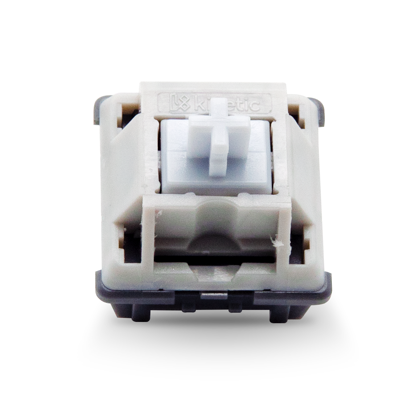 Linear keyboard switch with white housing and light-blue stem, front view