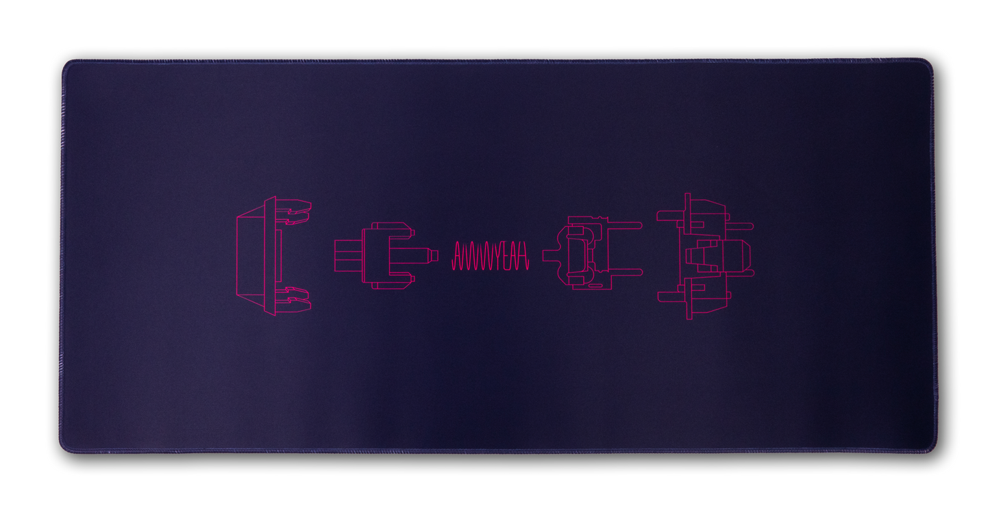 Desk mat with dark purple surface and pink circuit-style graphics