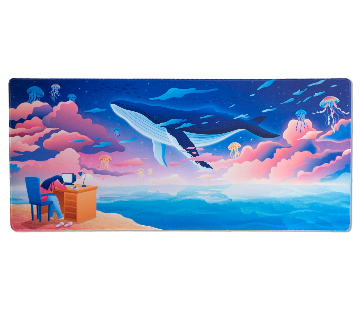 Rectangular ocean desk mat with whale and jellyfish scene in blue and pink tones