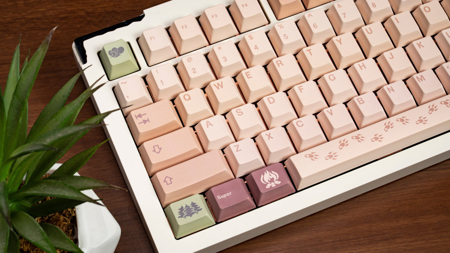 Field mouse themed PBT keycaps set, cream base with pastel pink, green, and paw-print keys