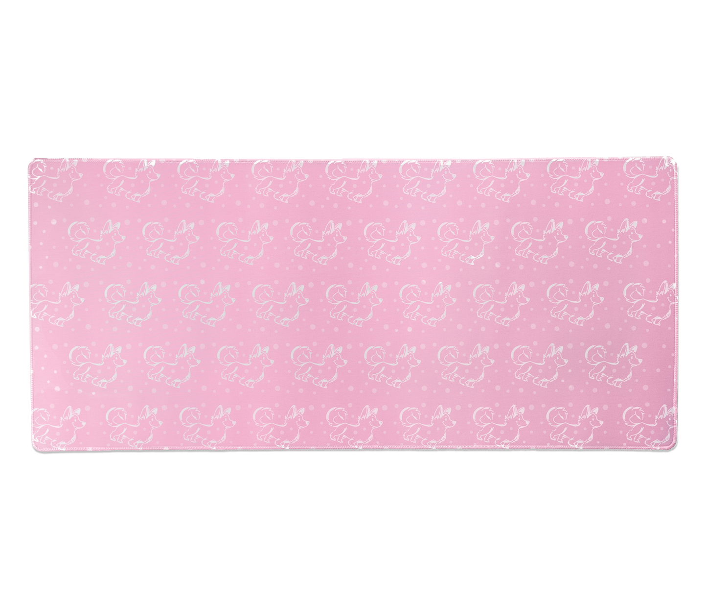 Pink desk mat with white corgi silhouettes on the full surface, rounded stitched edges