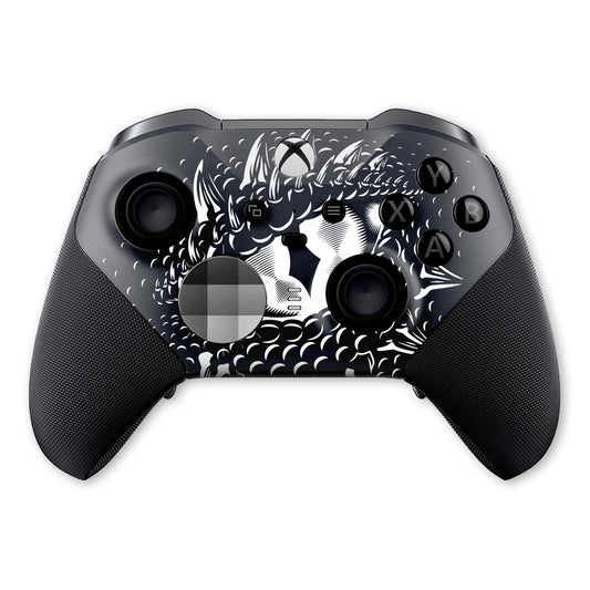 Xbox Elite Series 2 controller with Smaug dragon-eye hydro-dip front, close-up buttons