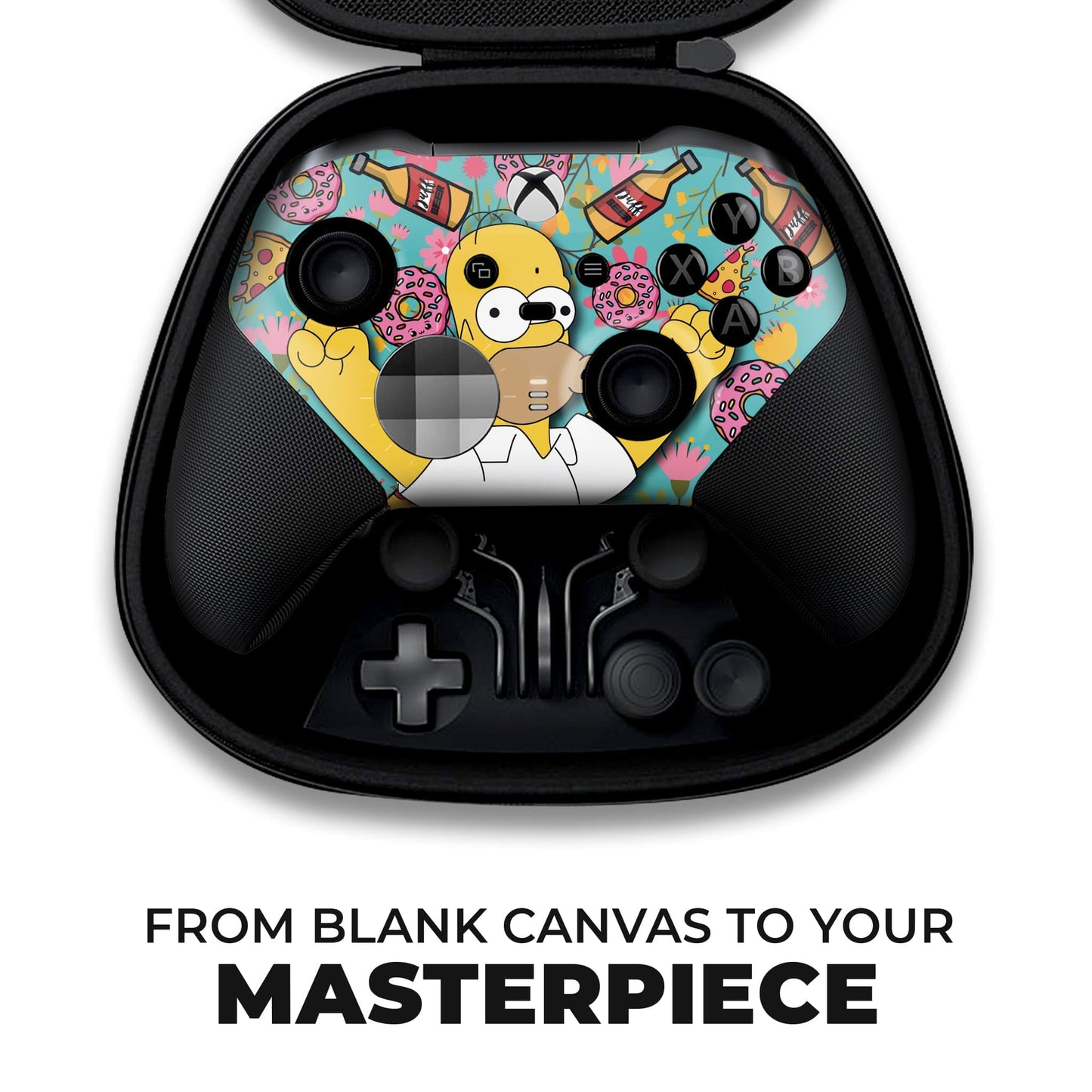 Xbox Elite Series 2 controller in display tray with cartoon hydro-dip design and black grips