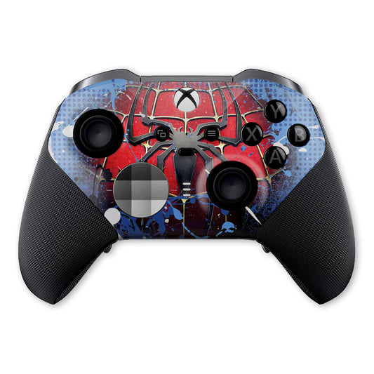 Xbox Elite Series 2 controller top view with red-and-blue spider hydro-dip and colored buttons
