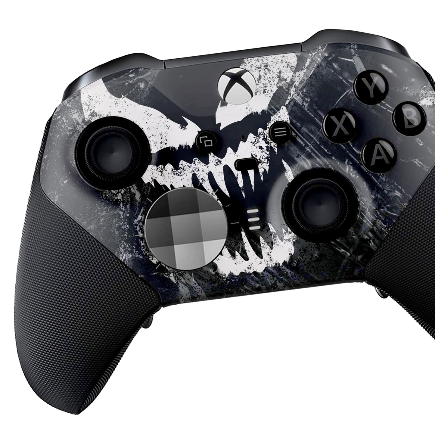 Angled view of Black Xbox Elite Series 2 controller front with hydro-dipped skull graphic