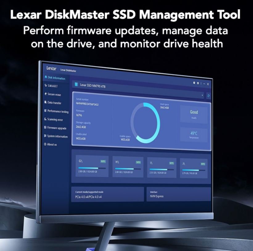 Lexar DiskMaster SSD management tool interface shown on a laptop screen