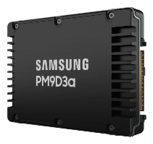 Samsung PM9D3a NVMe enterprise SSD, black 2.5-inch PCIe 5.0 module with heatsink