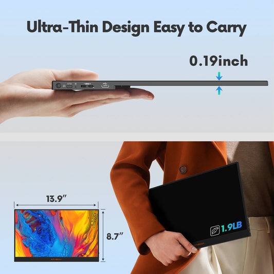 Ultra-thin black portable monitor held in hand, showing a slim side profile