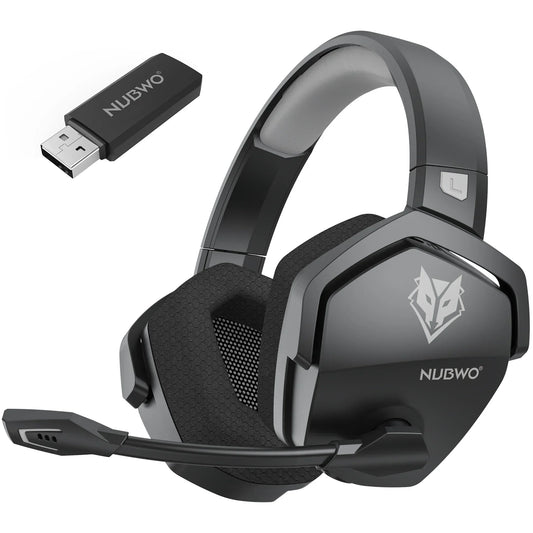 Black wireless gaming headset with over-ear pads, flip-up mic, and USB wireless dongle