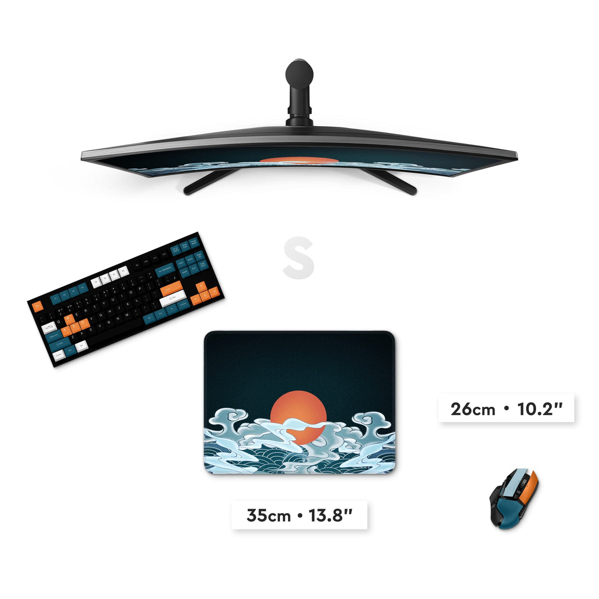 Custom printed dark mouse pad with ocean waves graphic, 13.8 x 10.2 inch size