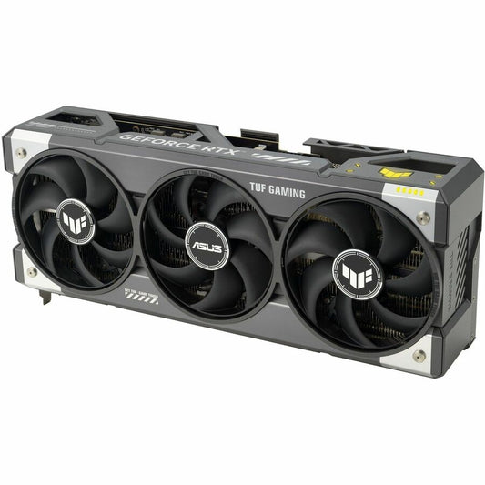 ASUS TUF Gaming graphics card, angled view with three cooling fans and GeForce RTX logo