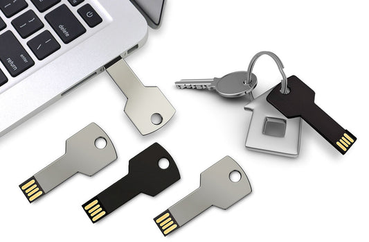 Key-shaped USB 2.0 flash drive bundle, silver and black metal keys with gold contacts