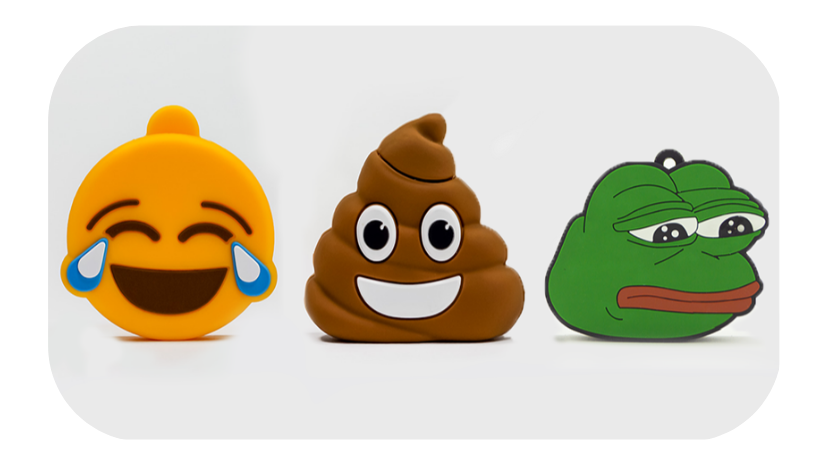 Set of three cartoon emoji USB flash drive covers: crying, poop, and frog faces