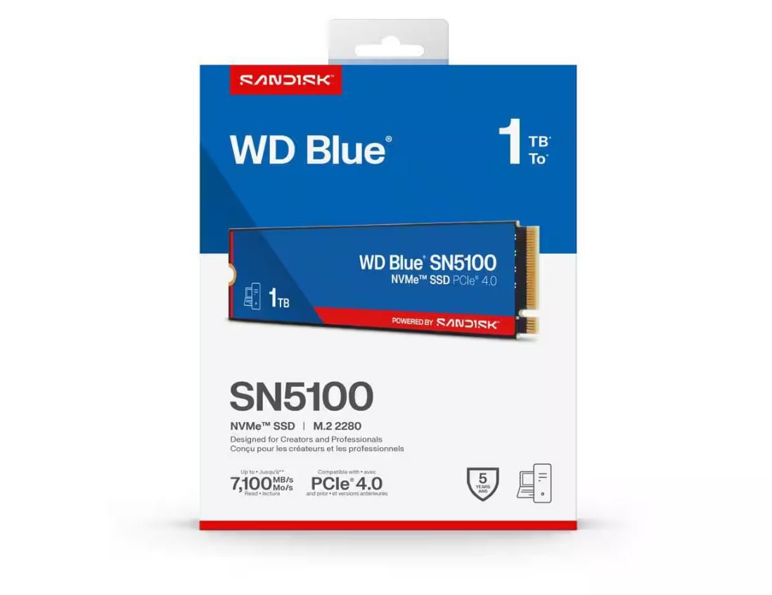 WD Blue SN5100 1TB PCIe 4.0 NVMe M.2 2280 SSD retail package
