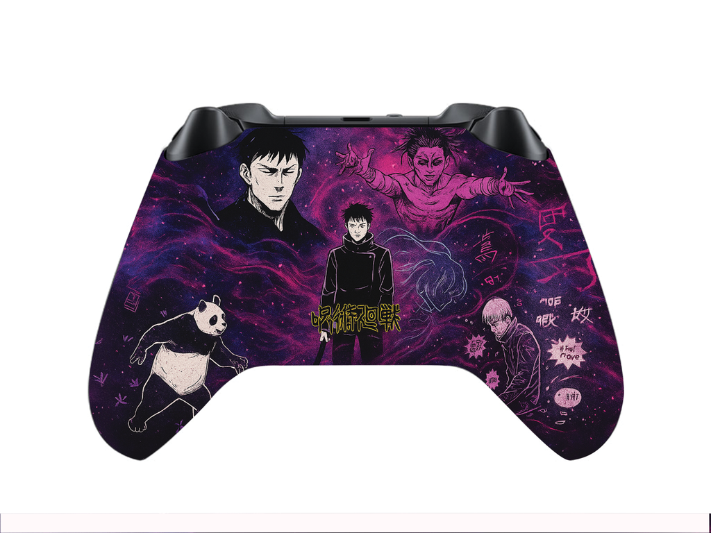 Xbox Series X/S controller skin with purple anime characters and glowing symbols