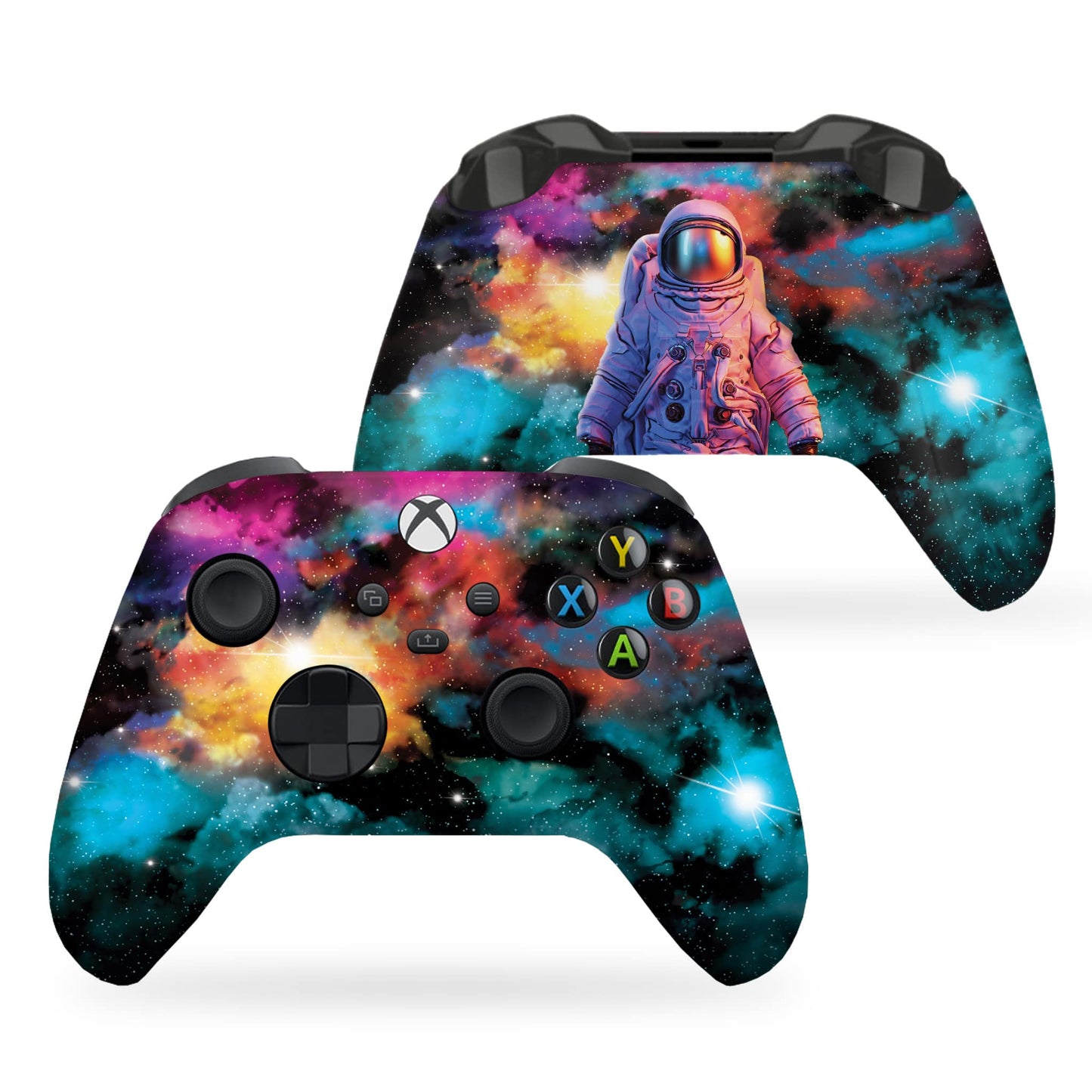 Two Xbox controllers with galaxy prints, one featuring a colorful astronaut graphic panel.
