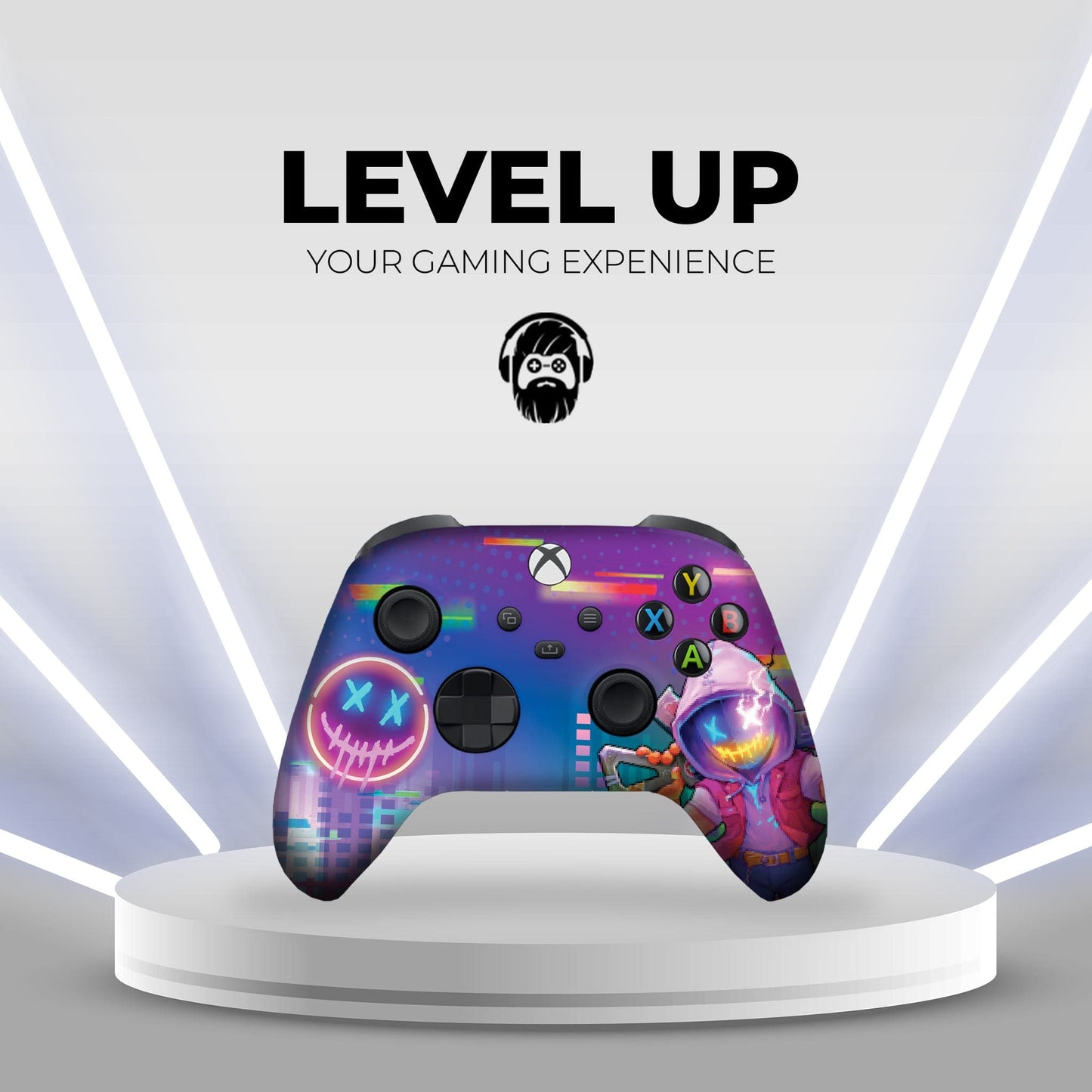 Purple gaming controller on a pedestal with neon skull face and colorful ABXY buttons.